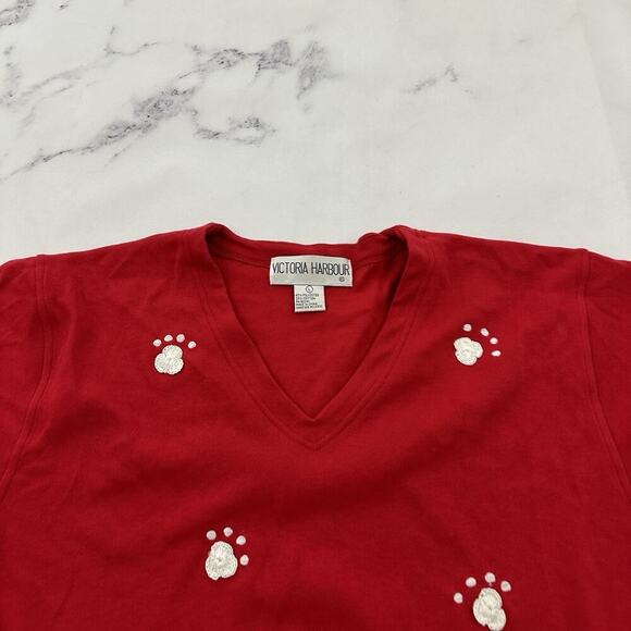 Victoria Harbour Womens Vintage 90s Cat Shirt Size L Red Embroidered Beaded - Picture 2 of 11